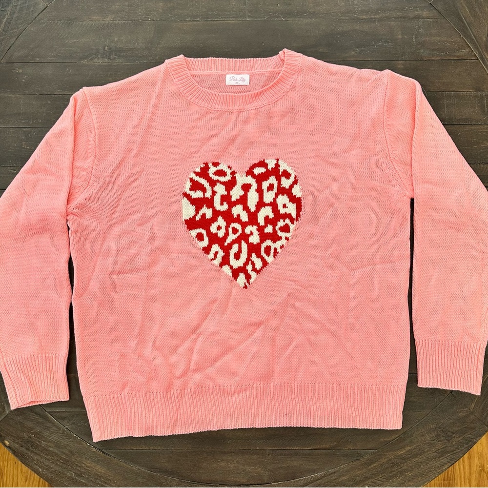 Pink Lily Leopard Print Heart Sweater